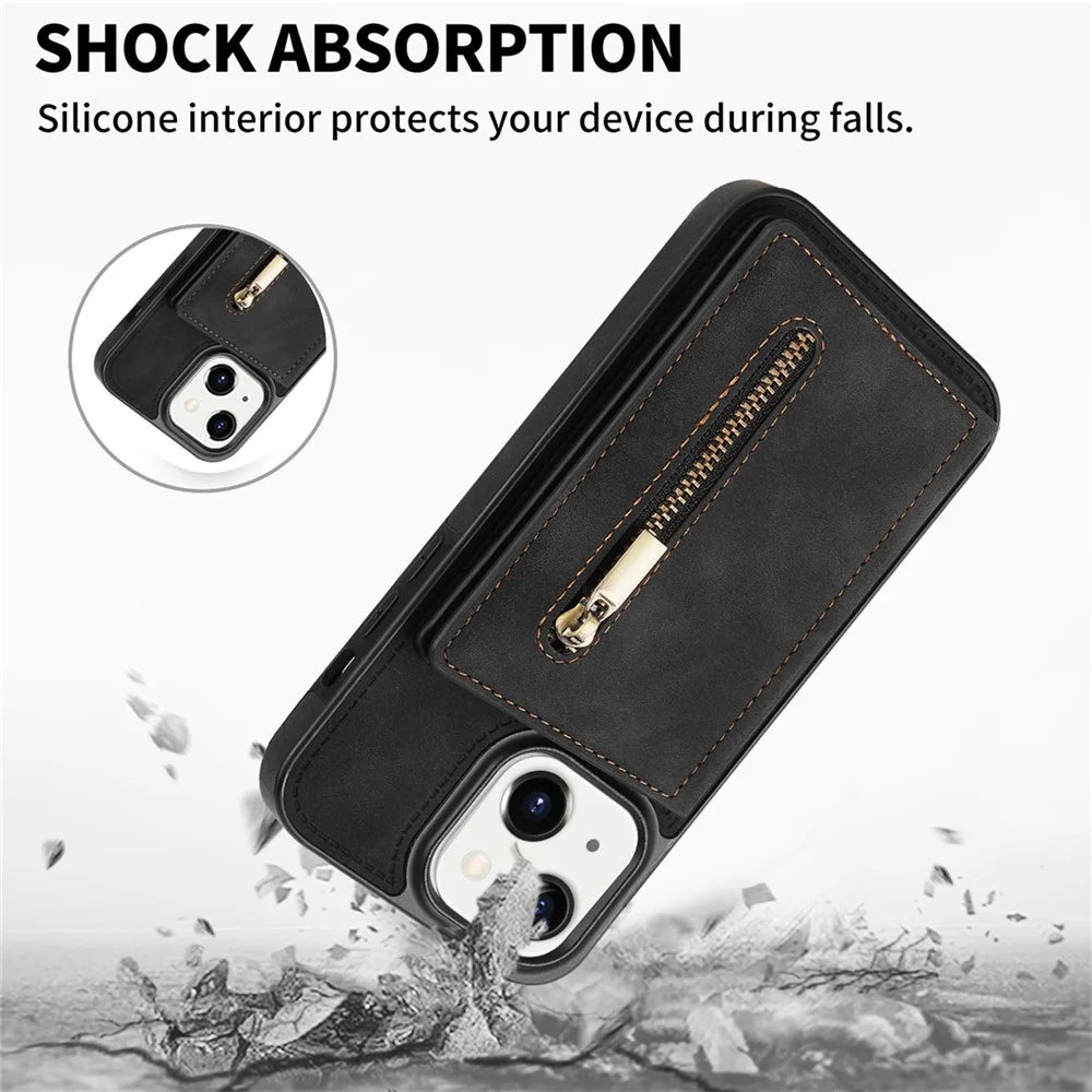 For iPhone 15 Plus Zipper Pocket Leather Coated TPU Phone Case Wallet Phone Kickstand Cover - Black - 5