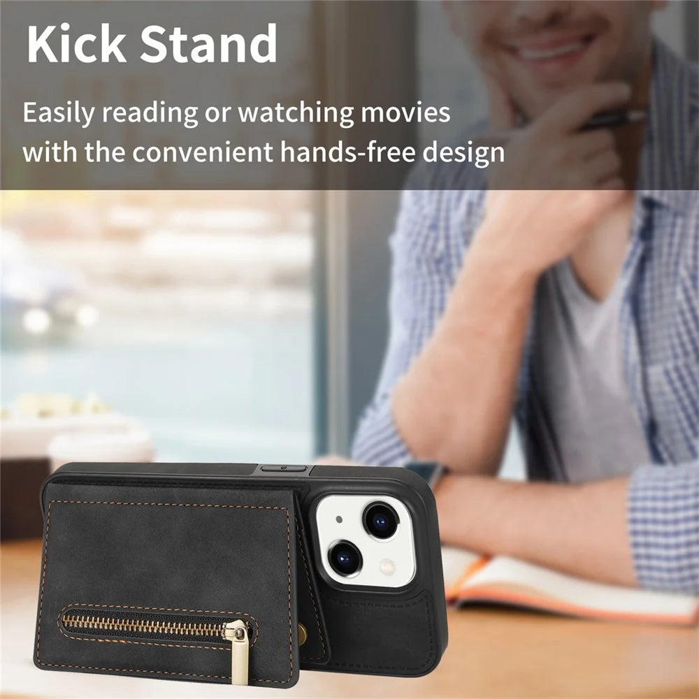 For iPhone 15 Plus Zipper Pocket Leather Coated TPU Phone Case Wallet Phone Kickstand Cover - Black - 6