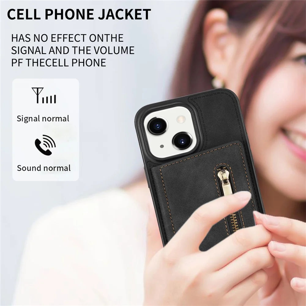 For iPhone 15 Plus Zipper Pocket Leather Coated TPU Phone Case Wallet Phone Kickstand Cover - Black - 7