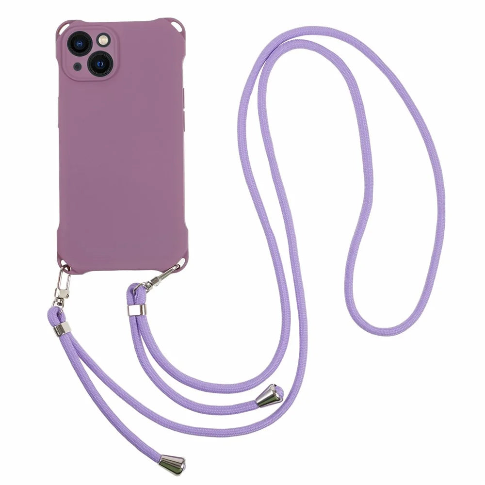 Phone Cover for iPhone 14 Four Corner Thickened Shockproof TPU Phone Case with 150cm Hanging Rope - Light Purple - 1
