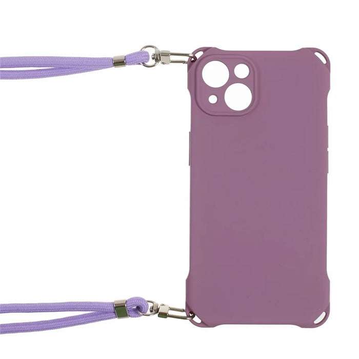Phone Cover for iPhone 14 Plus Four Corner Thickened Anti-drop TPU Back Case with 150cm Hanging Rope - Light Purple - 5