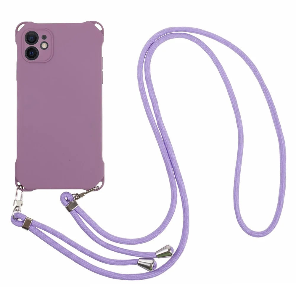 Phone Cover for iPhone 12 6.1 inch Shockproof Four Corner Thickened TPU Back Case with 150cm Hanging Rope - Light Purple - 1