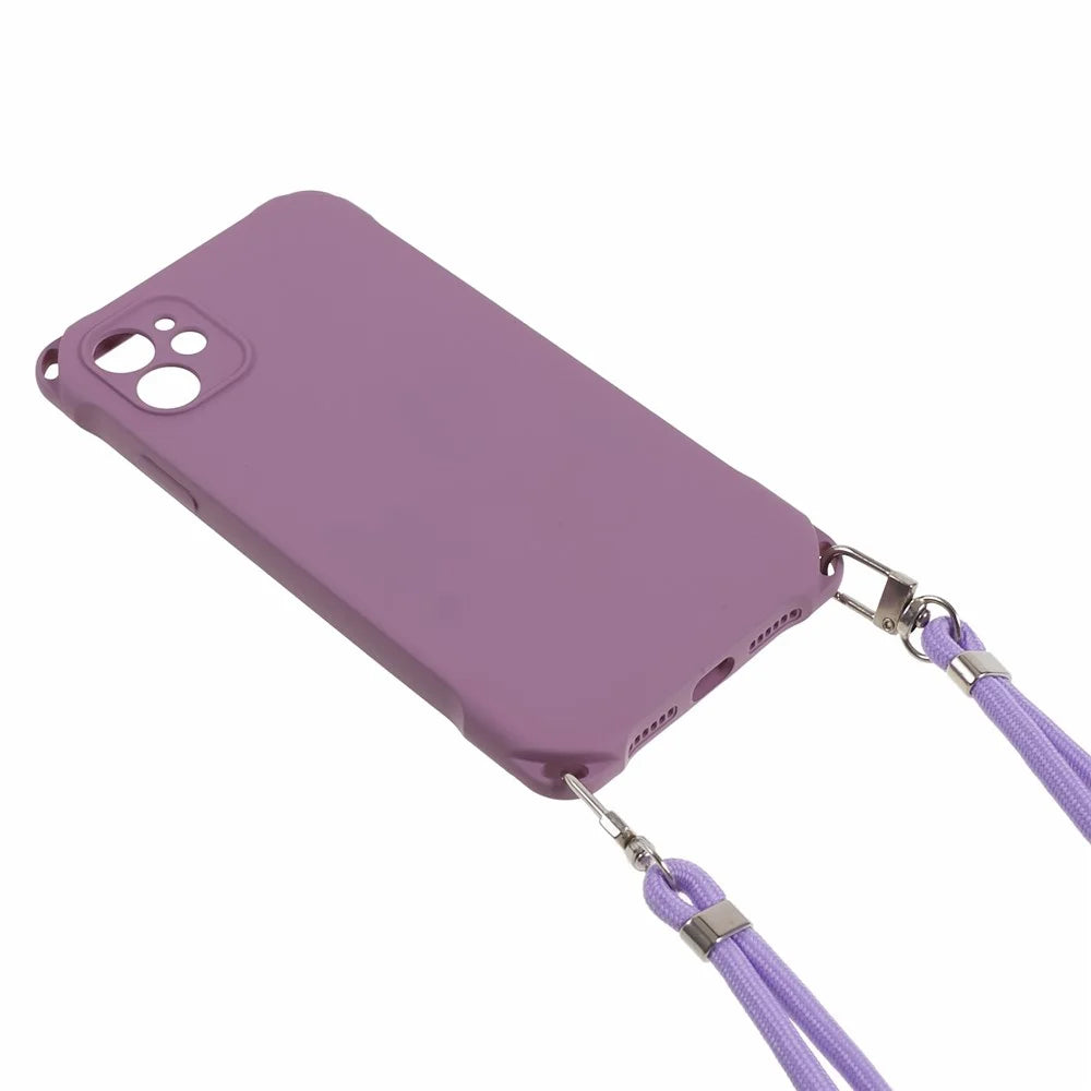 Phone Cover for iPhone 12 6.1 inch Shockproof Four Corner Thickened TPU Back Case with 150cm Hanging Rope - Light Purple - 2