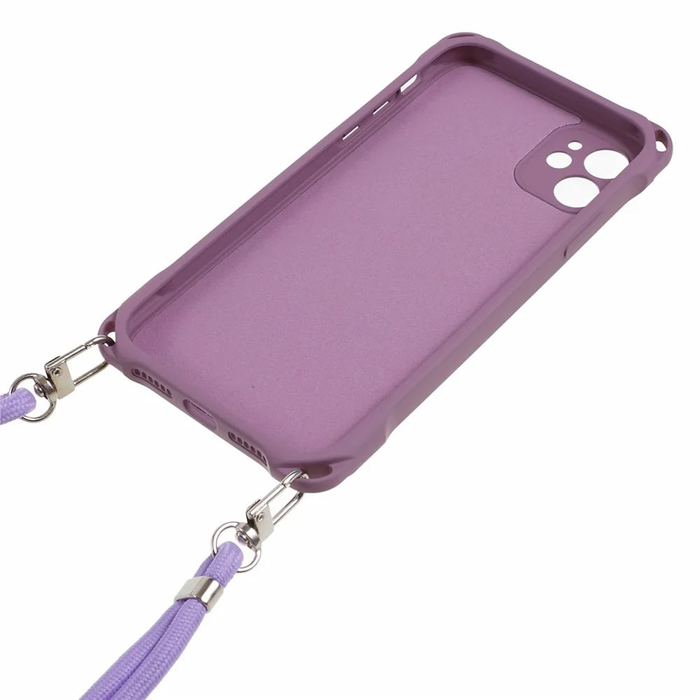 Phone Cover for iPhone 12 6.1 inch Shockproof Four Corner Thickened TPU Back Case with 150cm Hanging Rope - Light Purple - 3