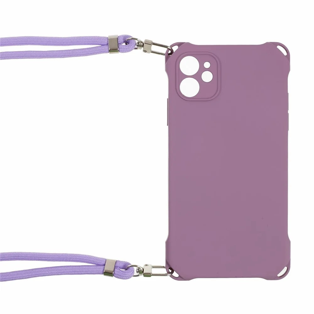 Phone Cover for iPhone 12 6.1 inch Shockproof Four Corner Thickened TPU Back Case with 150cm Hanging Rope - Light Purple - 4