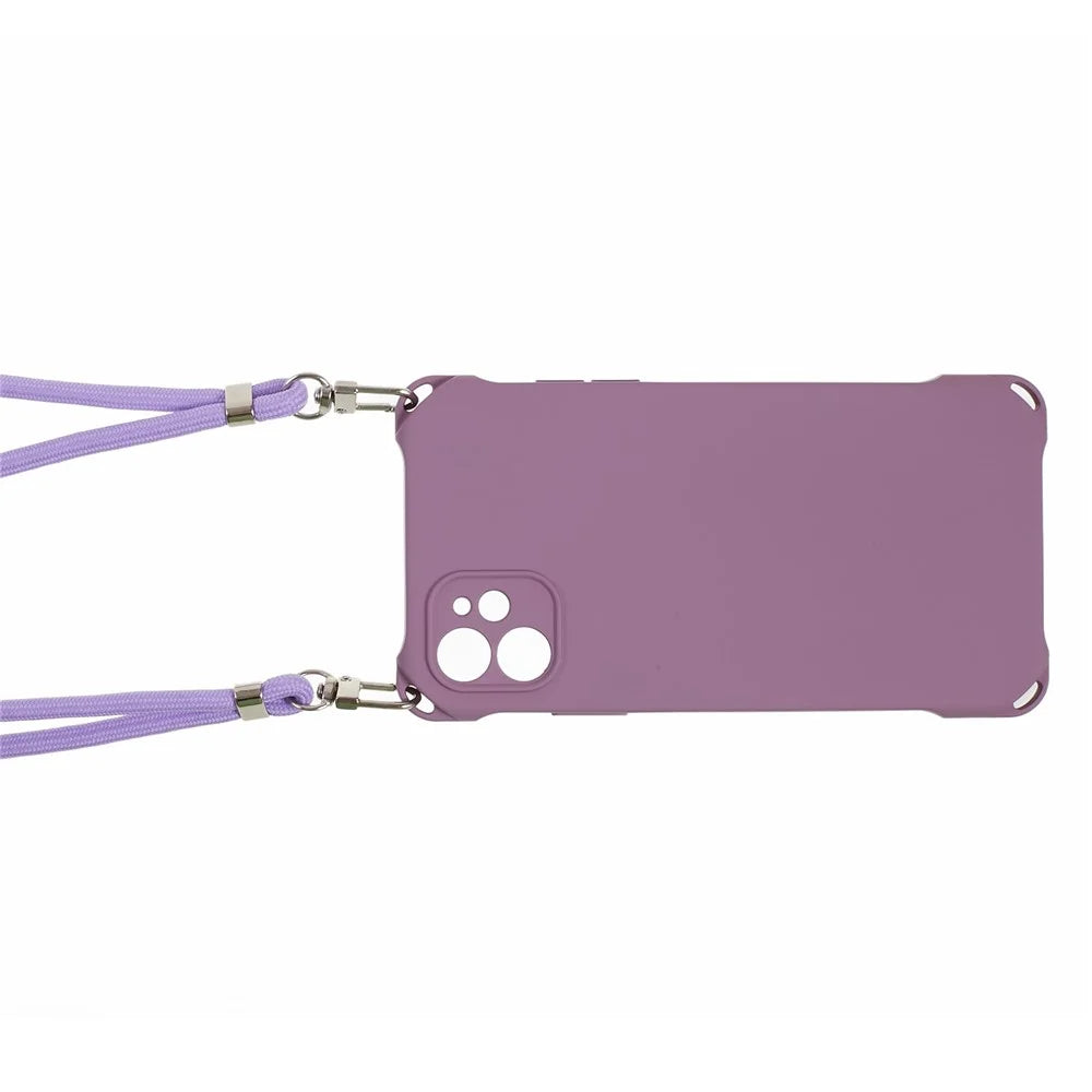Phone Cover for iPhone 12 6.1 inch Shockproof Four Corner Thickened TPU Back Case with 150cm Hanging Rope - Light Purple - 5