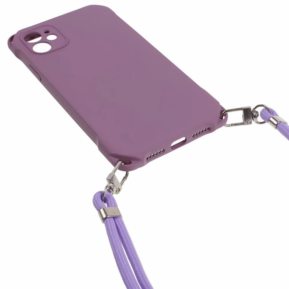 Phone Cover for iPhone 12 6.1 inch Shockproof Four Corner Thickened TPU Back Case with 150cm Hanging Rope - Light Purple - 6