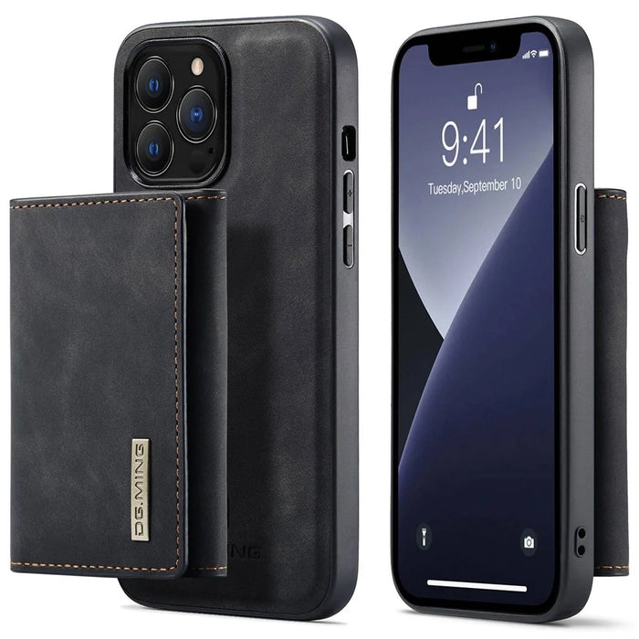 DG.MING M1 Series For iPhone 15 Pro Magnetic Wallet Phone Case PC+TPU+PU Shockproof Kickstand Cover - Black - 1