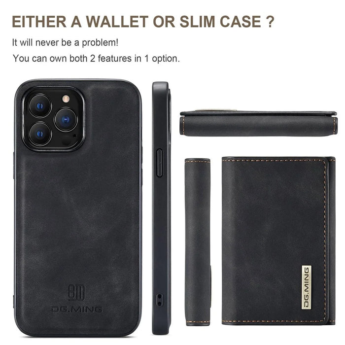 DG.MING M1 Series For iPhone 15 Pro Magnetic Wallet Phone Case PC+TPU+PU Shockproof Kickstand Cover - Black - 6