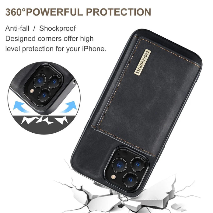 DG.MING M1 Series For iPhone 15 Pro Magnetic Wallet Phone Case PC+TPU+PU Shockproof Kickstand Cover - Black - 7