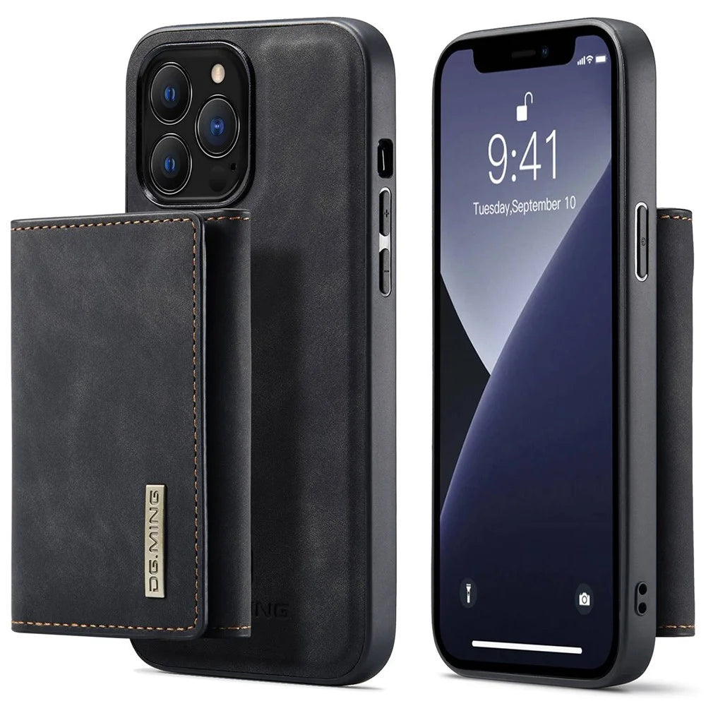 DG.MING M1 Series For iPhone 15 Pro Max Kickstand Case PC+TPU+PU Magnetic Wallet Phone Cover - Black - 1