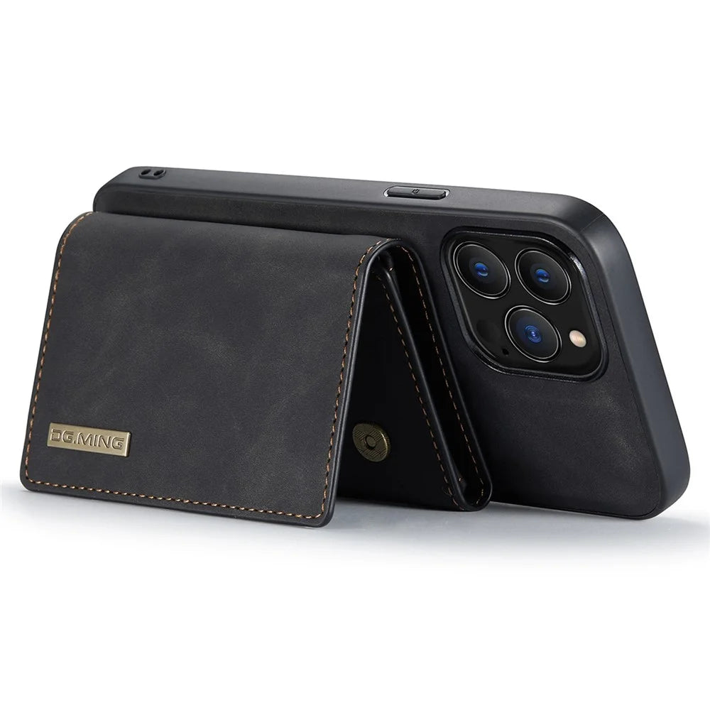 DG.MING M1 Series For iPhone 15 Pro Max Kickstand Case PC+TPU+PU Magnetic Wallet Phone Cover - Black - 4