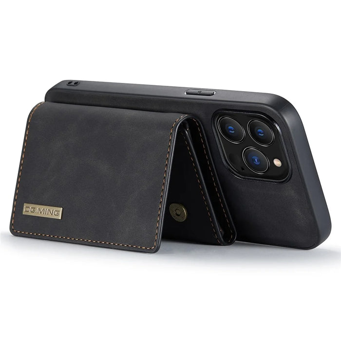 DG.MING M1 Series For iPhone 15 Pro Max Kickstand Case PC+TPU+PU Magnetic Wallet Phone Cover - Black - 4