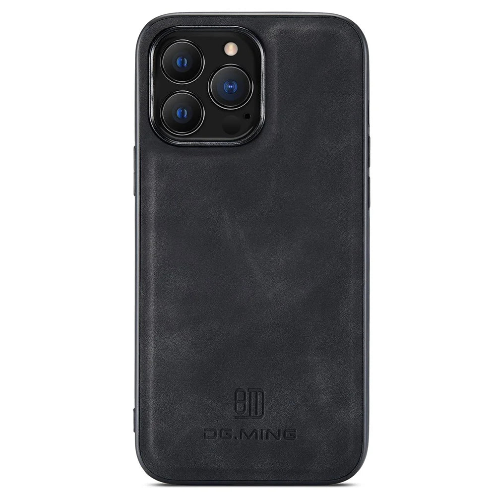 DG.MING M1 Series For iPhone 15 Pro Max Kickstand Case PC+TPU+PU Magnetic Wallet Phone Cover - Black - 5