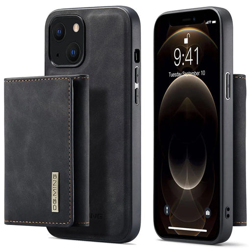 DG.MING M1 Series Anti-Drop Kickstand Case for iPhone 15 PC+TPU+PU Magnetic Wallet Phone Shell - Black - 1