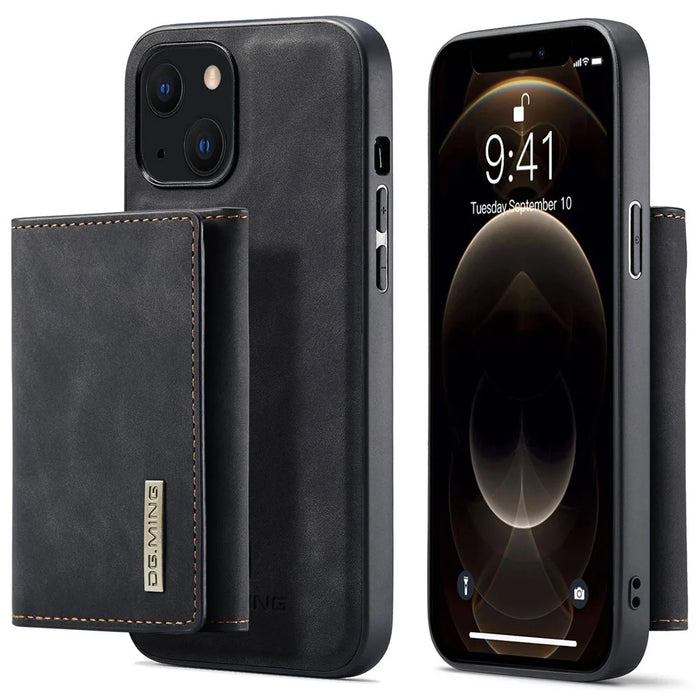 DG.MING M1 Series Anti-Drop Kickstand Case for iPhone 15 PC+TPU+PU Magnetic Wallet Phone Shell - Black - 1