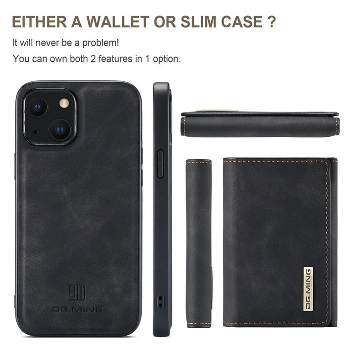 DG.MING M1 Series Anti-Drop Kickstand Case for iPhone 15 PC+TPU+PU Magnetic Wallet Phone Shell - Black - 6