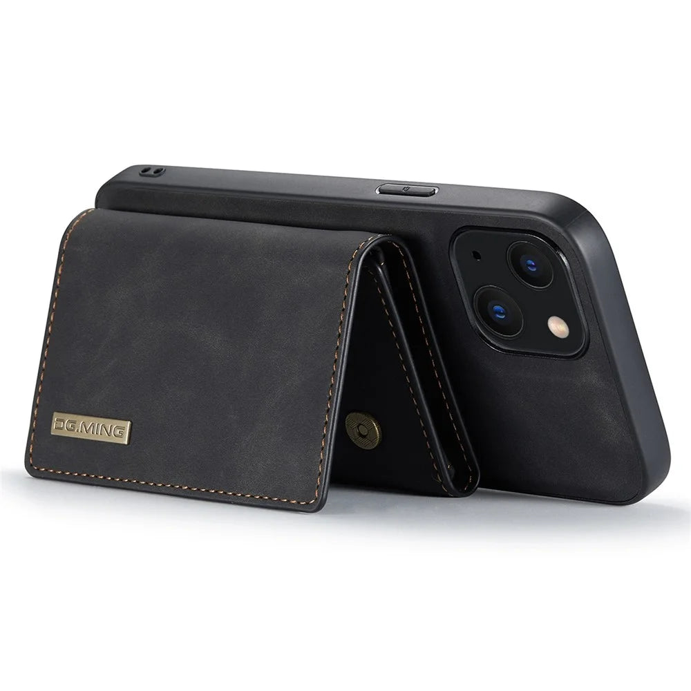 DG.MING M1 Series Magnetic Wallet Phone Case for iPhone 15 Plus PC+TPU+PU Kickstand Phone Shell - Black - 4