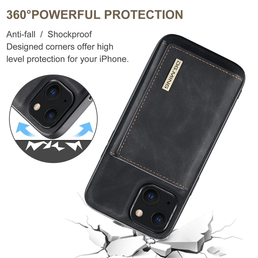 DG.MING M1 Series Magnetic Wallet Phone Case for iPhone 15 Plus PC+TPU+PU Kickstand Phone Shell - Black - 7