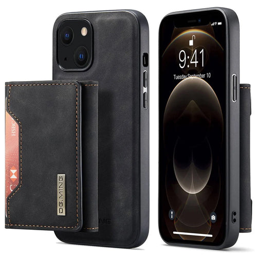 DG.MING M2 Series for iPhone 15 Magnetic Wallet Phone Case PU+PC+TPU Kickstand Phone Cover - Black - 1