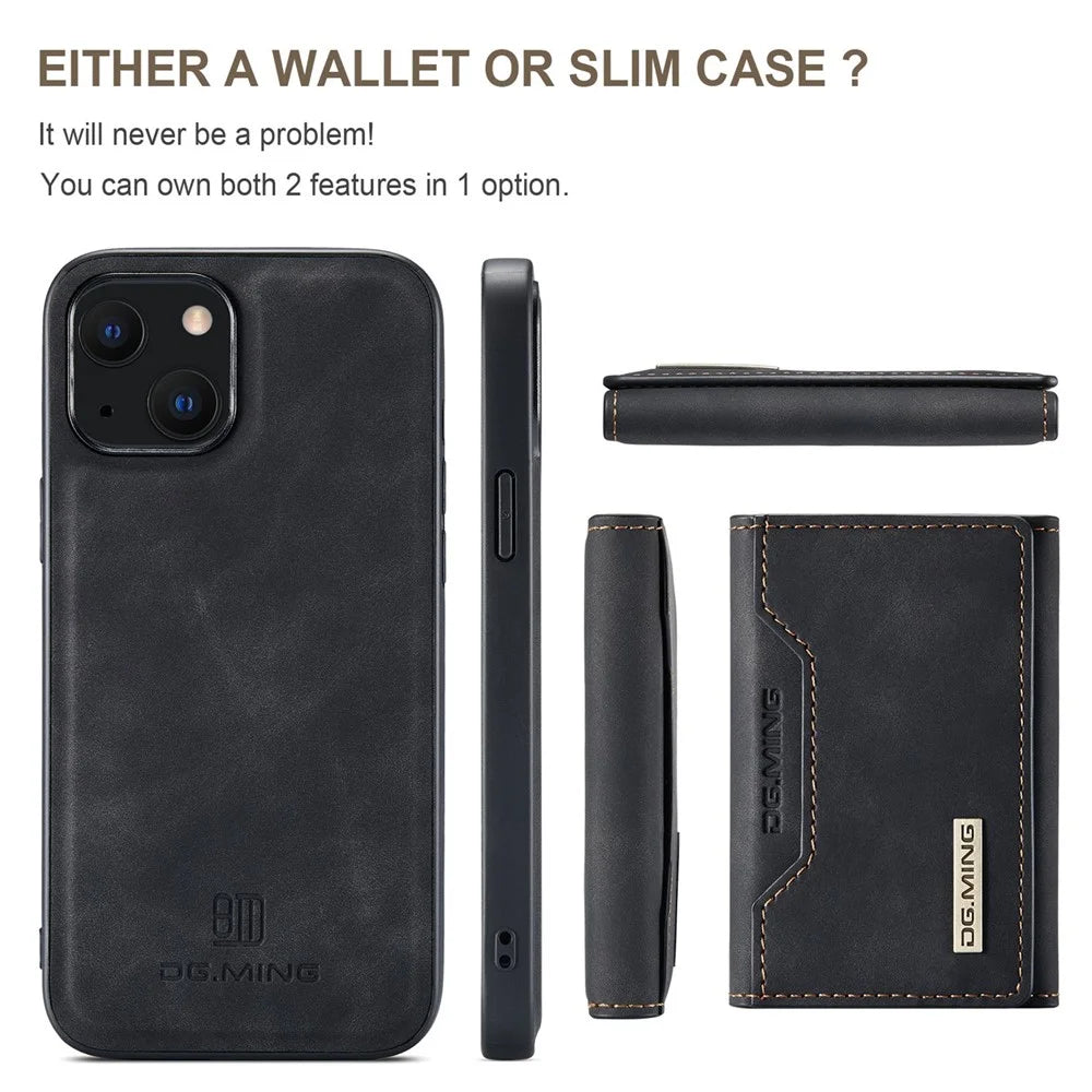DG.MING M2 Series for iPhone 15 Magnetic Wallet Phone Case PU+PC+TPU Kickstand Phone Cover - Black - 6