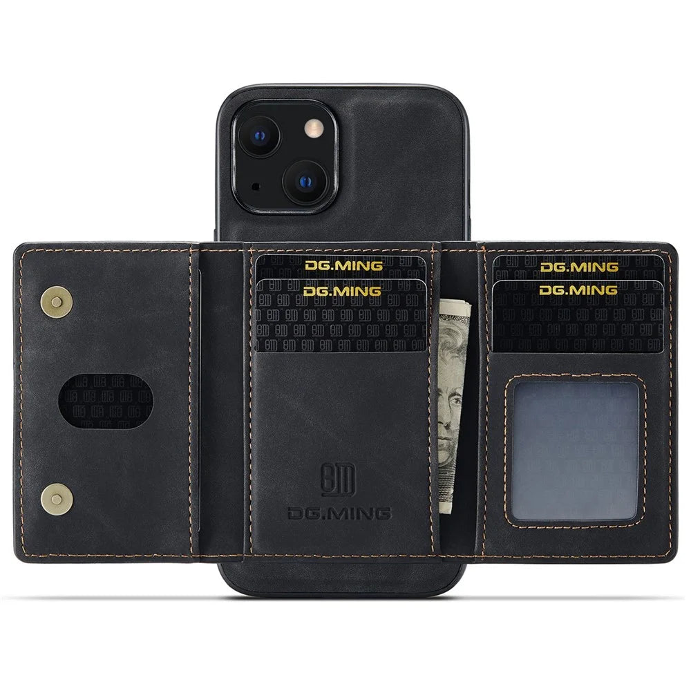 DG.MING M2 Series for iPhone 15 Plus Kickstand Phone Case PU+PC+TPU Magnetic Wallet Phone Cover - Black - 2