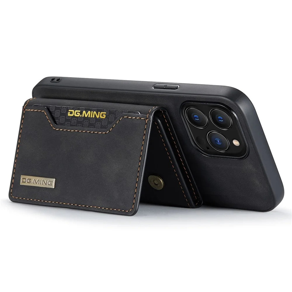 DG.MING M2 Series for iPhone 15 Pro Anti-Drop Kickstand Case PU+PC+TPU Magnetic Wallet Phone Cover - Black - 4