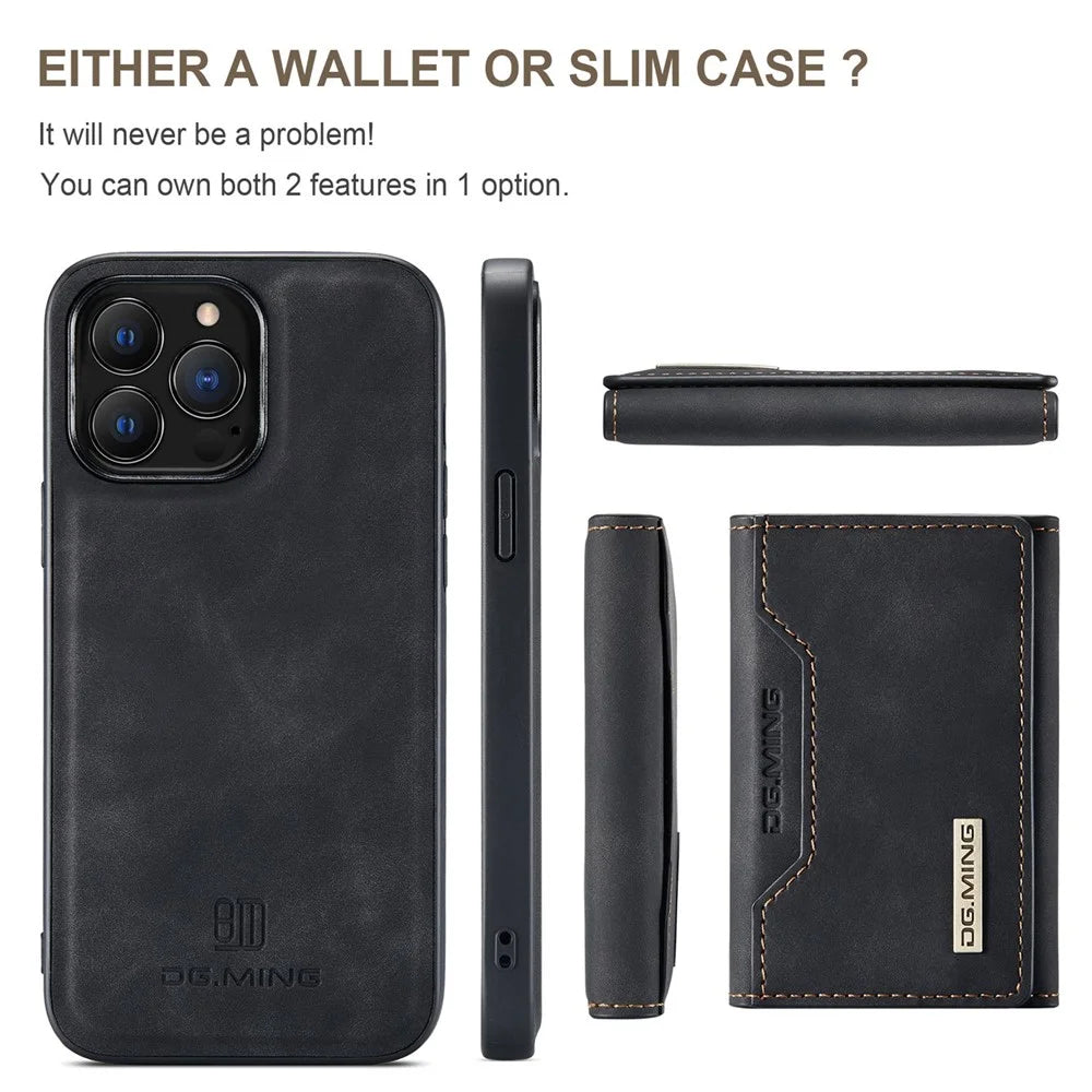 DG.MING M2 Series for iPhone 15 Pro Anti-Drop Kickstand Case PU+PC+TPU Magnetic Wallet Phone Cover - Black - 6