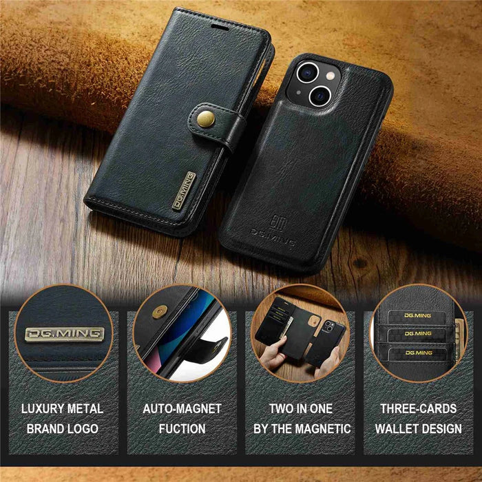 DG.MING For iPhone 15 Anti-Scratch Split Leather Wallet Stand Cover Detachable Magnetic Phone Case Shell - Black - 4