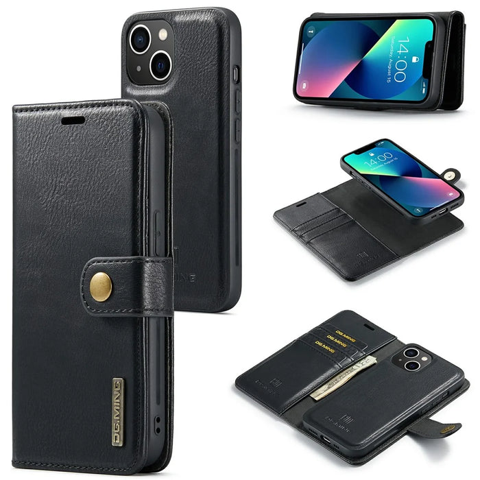 DG.MING for iPhone 15 Plus Detachable Magnetic Phone Case Anti-Dorp Split Leather Wallet Stand Case - Black - 1