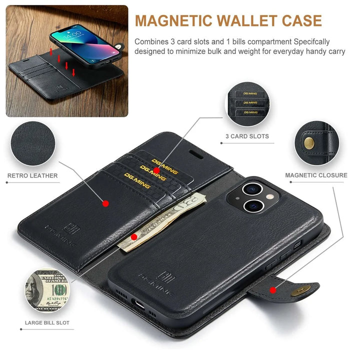 DG.MING for iPhone 15 Plus Detachable Magnetic Phone Case Anti-Dorp Split Leather Wallet Stand Case - Black - 5