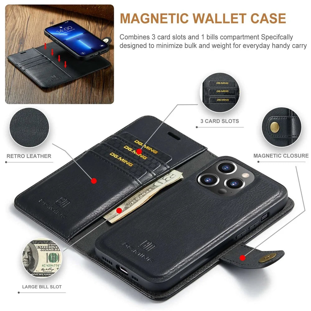 DG.MING For iPhone 15 Pro Max Detachable Magnetic Phone Case Drop Proof Split Leather Wallet Stand Cover - Black - 5