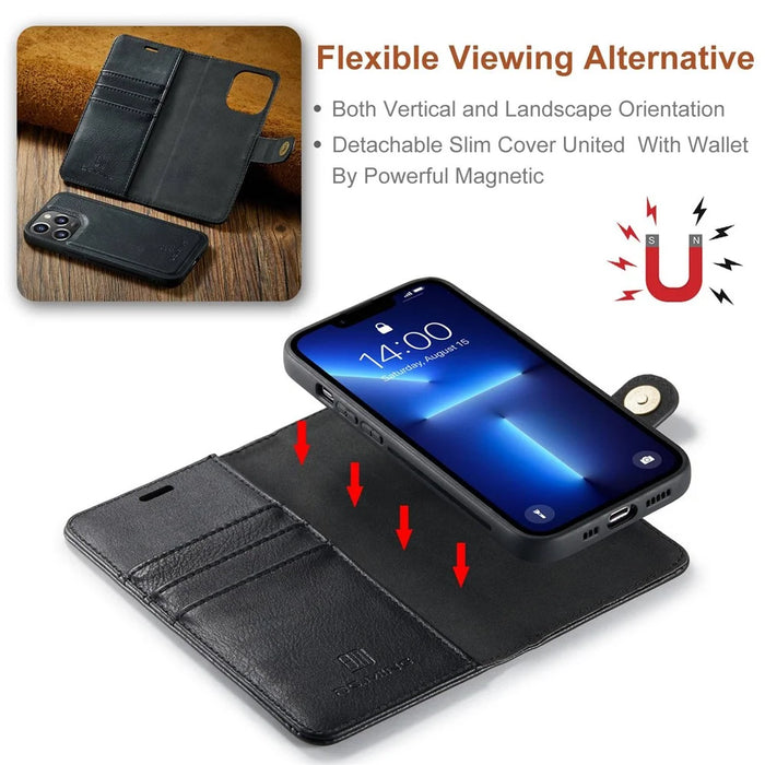 DG.MING For iPhone 15 Pro Max Detachable Magnetic Phone Case Drop Proof Split Leather Wallet Stand Cover - Black - 7