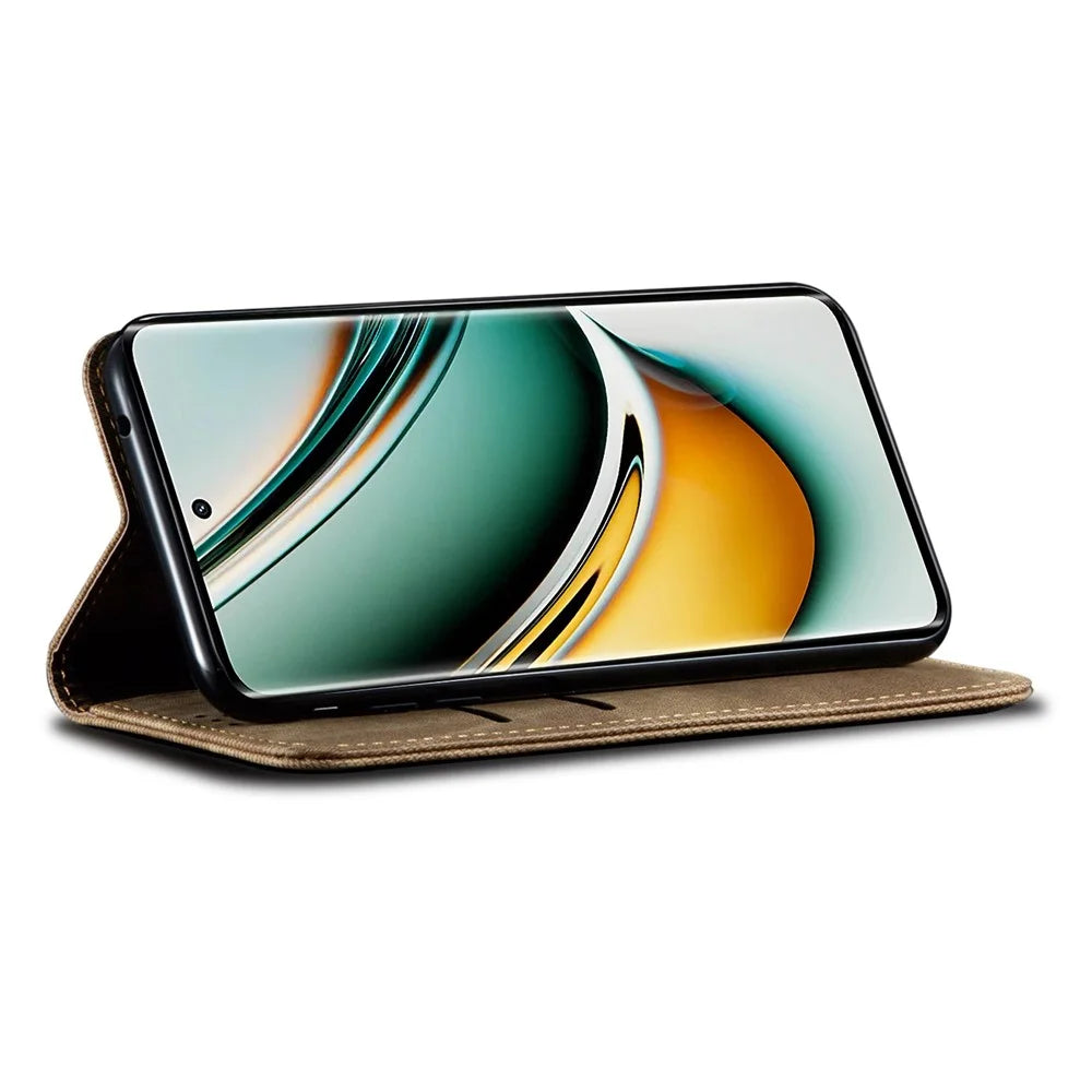 For Realme 11 Pro 5G / 11 Pro+ 5G Jeans Cloth Texture Flip Wallet Case PU Leather Protective Stand Phone Cover - Khaki - 3