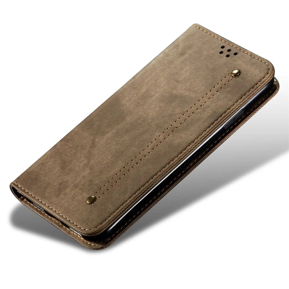 For Realme 11 Pro 5G / 11 Pro+ 5G Jeans Cloth Texture Flip Wallet Case PU Leather Protective Stand Phone Cover - Khaki - 4