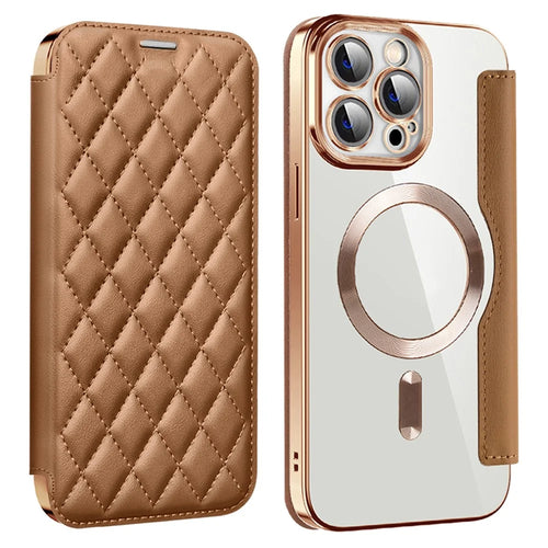 For iPhone 11 Pro Max RFID Blocking Anti Fall Cover with Lens Film Rhombus Leather Card Holder Case Compatible with MagSafe - Brown - 1