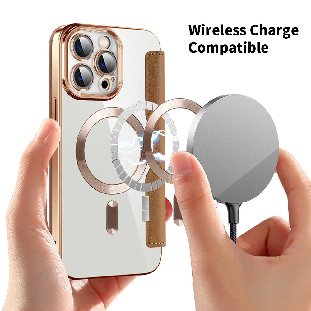 For iPhone 11 Pro Max RFID Blocking Anti Fall Cover with Lens Film Rhombus Leather Card Holder Case Compatible with MagSafe - Brown - 4