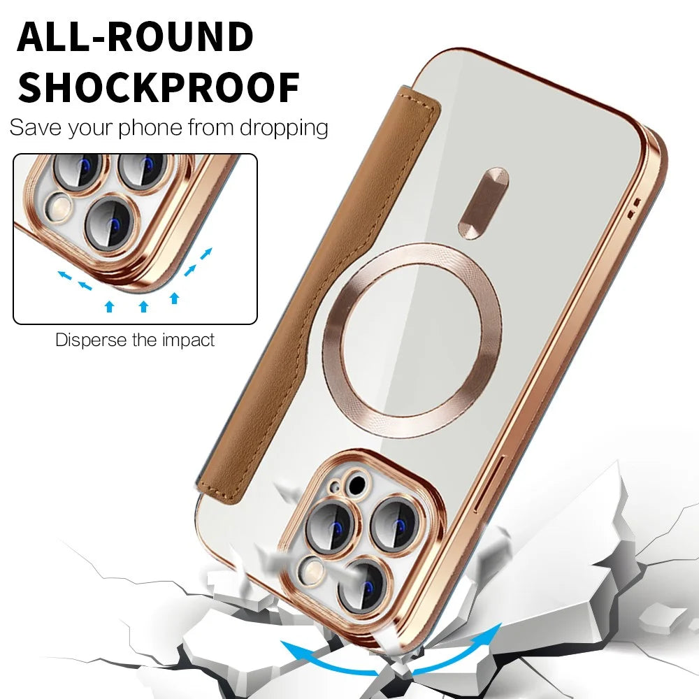 For iPhone 11 Pro Max RFID Blocking Anti Fall Cover with Lens Film Rhombus Leather Card Holder Case Compatible with MagSafe - Brown - 6