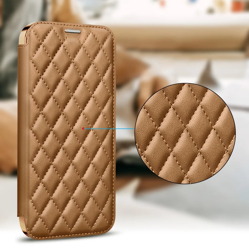 For iPhone 11 Pro Max RFID Blocking Anti Fall Cover with Lens Film Rhombus Leather Card Holder Case Compatible with MagSafe - Brown - 7
