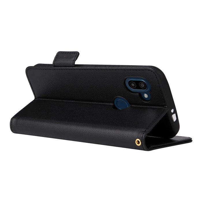 PU Leather Case for Orbic Fun+ 4G , Wallet Phone Shell Litchi Texture Stand Cellphone Cover with Strap - Black - 4