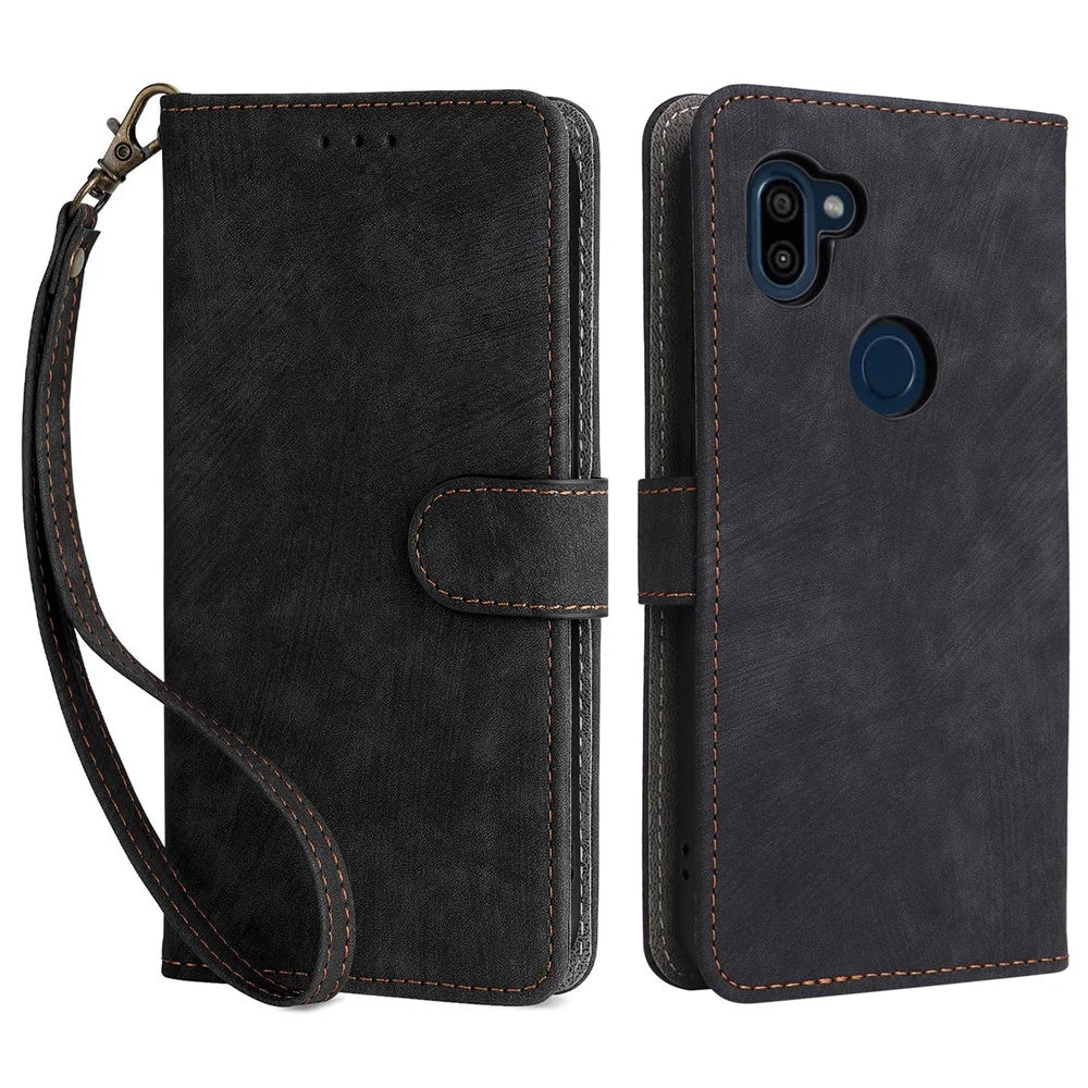 For Orbic Fun+ 4G Stand Cover Anti-drop Wallet Phone Case RFID Blocking PU Leather Shell with Strap - Black - 1