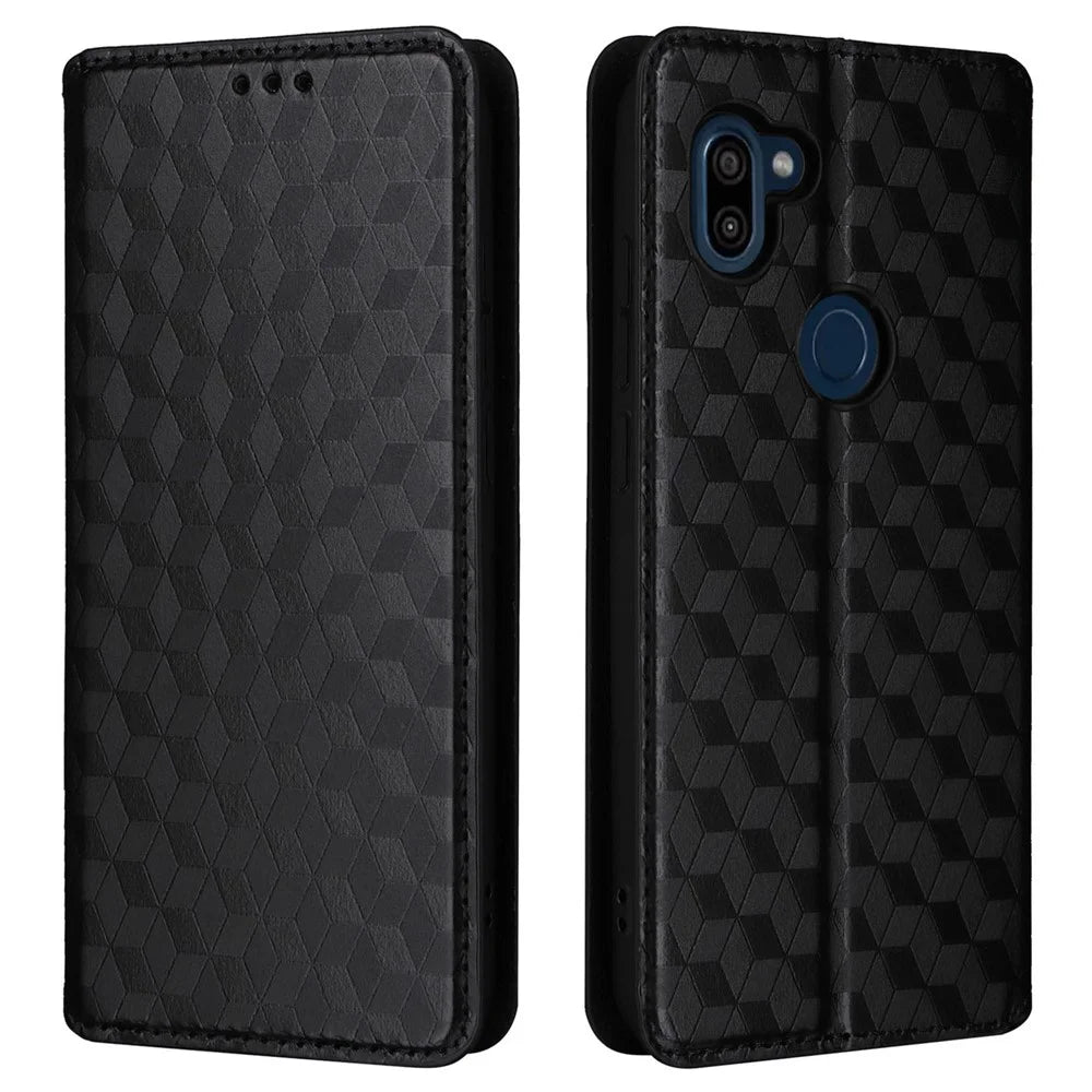 Leather Wallet Case for Orbic Fun+ 4G , Rhombus Imprinted Stand Shockproof Phone Guard Cover - Black - 1