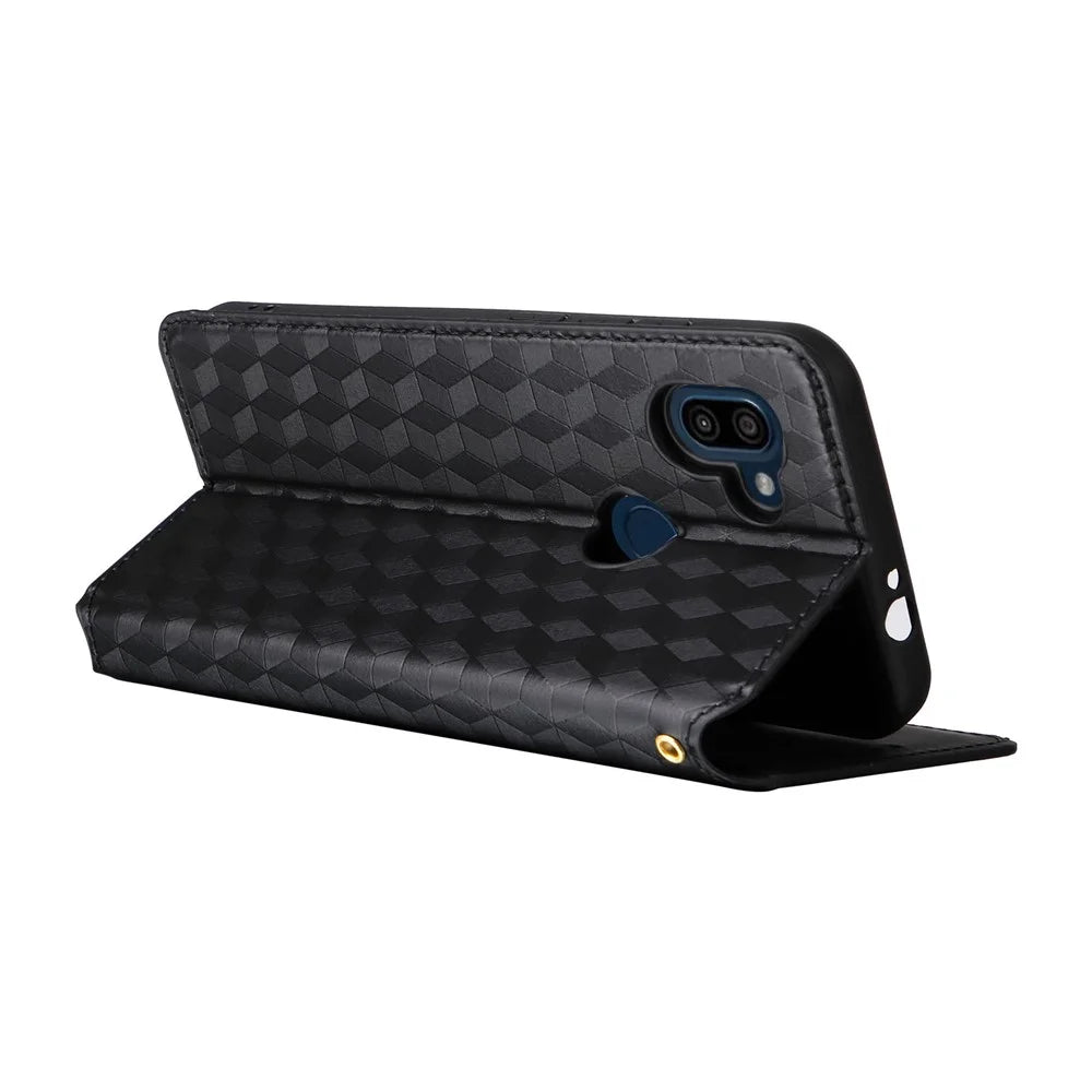 Leather Wallet Case for Orbic Fun+ 4G , Rhombus Imprinted Stand Shockproof Phone Guard Cover - Black - 4