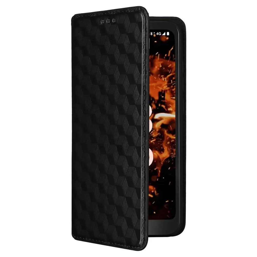Leather Wallet Case for Orbic Fun+ 4G , Rhombus Imprinted Stand Shockproof Phone Guard Cover - Black - 5