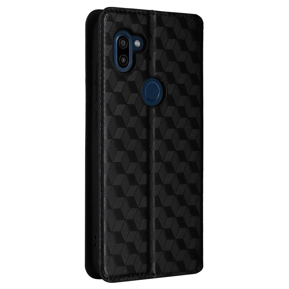 Leather Wallet Case for Orbic Fun+ 4G , Rhombus Imprinted Stand Shockproof Phone Guard Cover - Black - 6