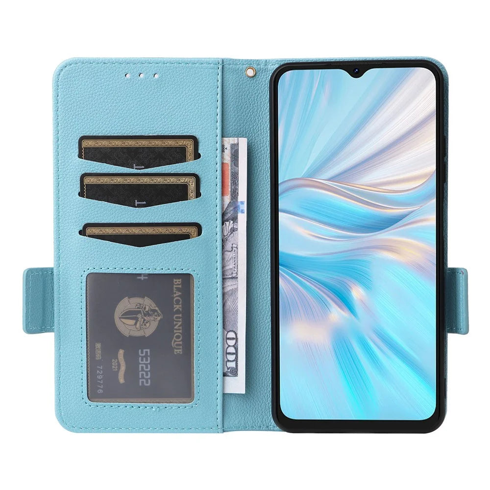 For Blackview Oscal C70 / Oscal Tiger 10 Wallet Phone Shell Litchi Texture PU Leather Stand Cellphone Cover with Strap - Baby Blue - 2
