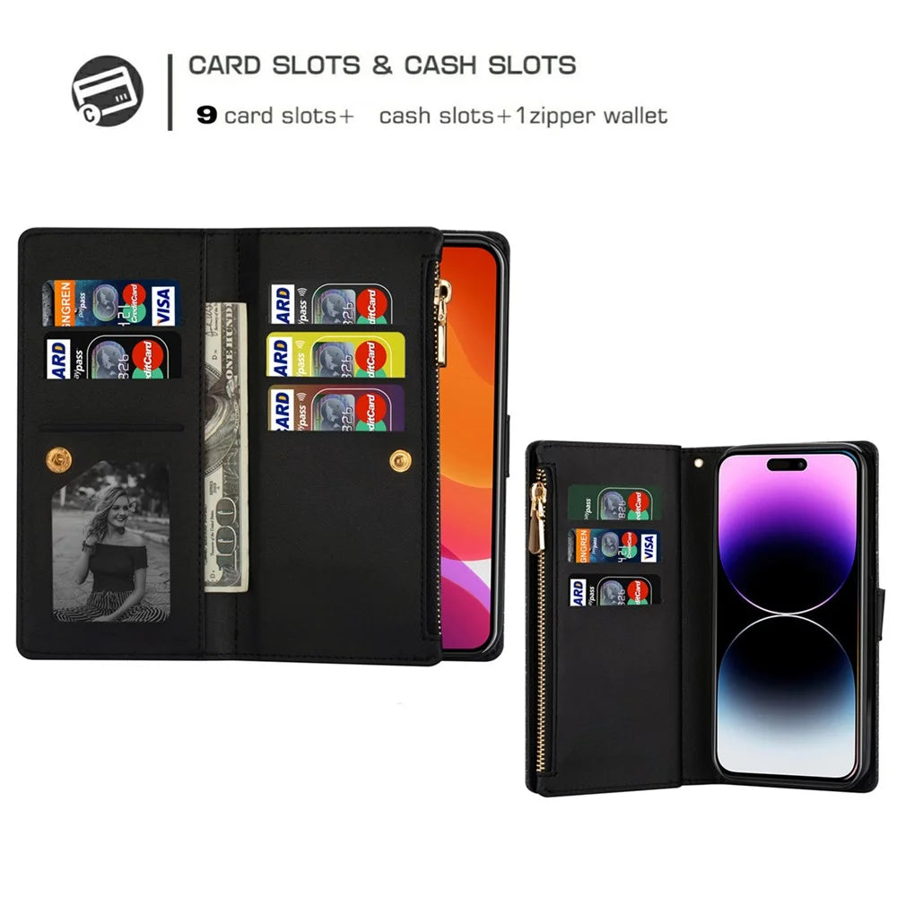 For iPhone 15 Plus Glittery Leather Phone Case Zipper Wallet Stand Laser Carving Phone Cover - Black - 5