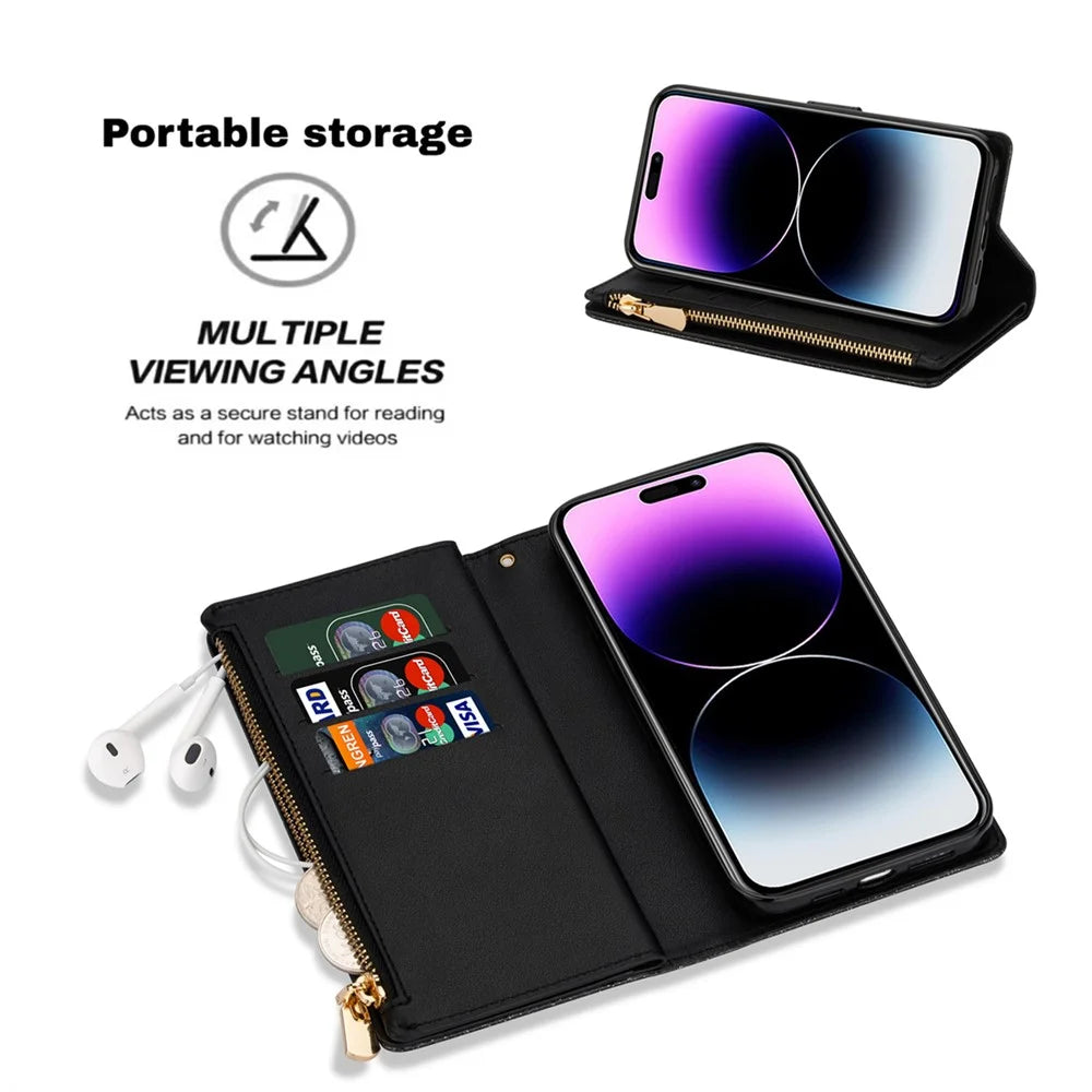 For iPhone 15 Plus Glittery Leather Phone Case Zipper Wallet Stand Laser Carving Phone Cover - Black - 6