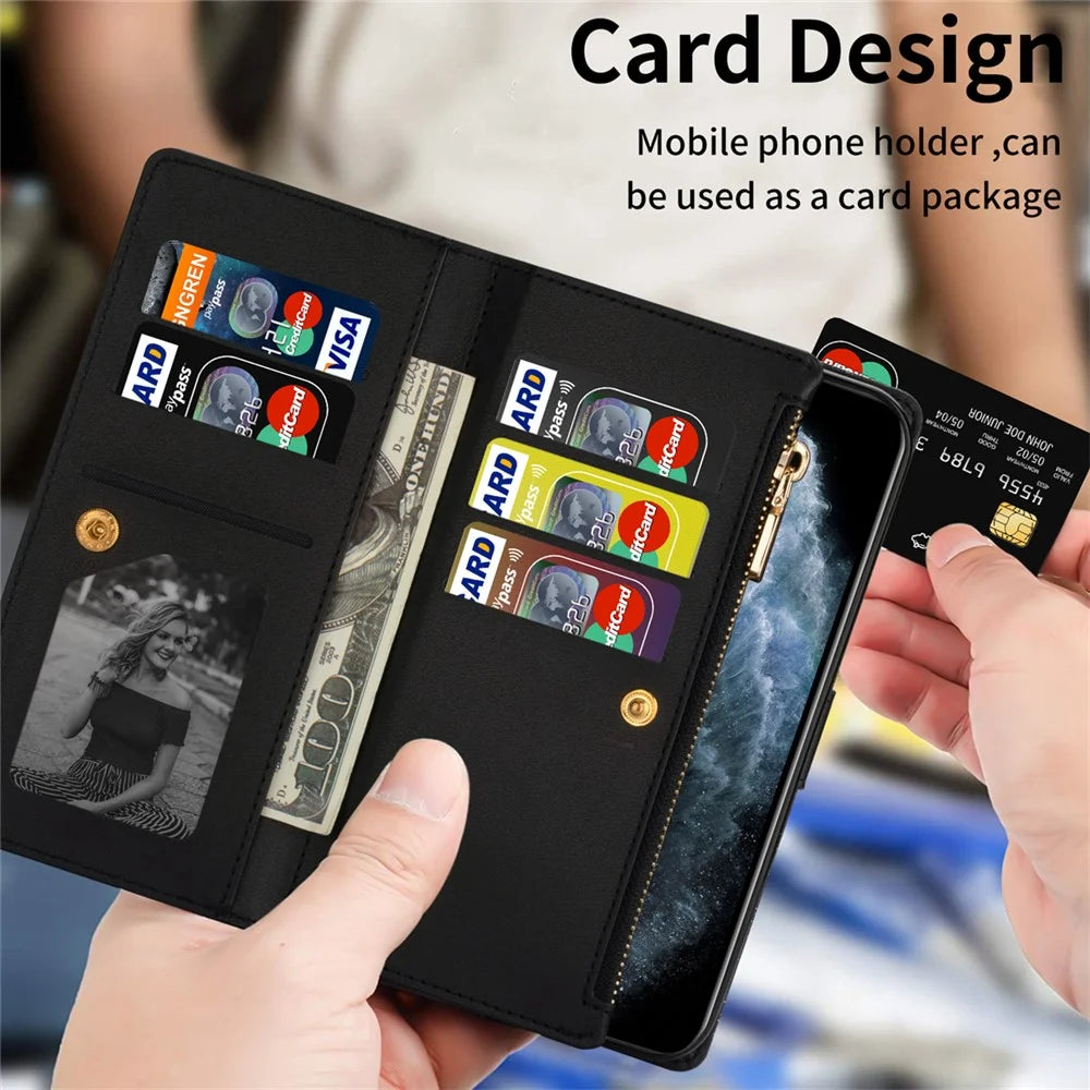 For iPhone 15 Plus Glittery Leather Phone Case Zipper Wallet Stand Laser Carving Phone Cover - Black - 7