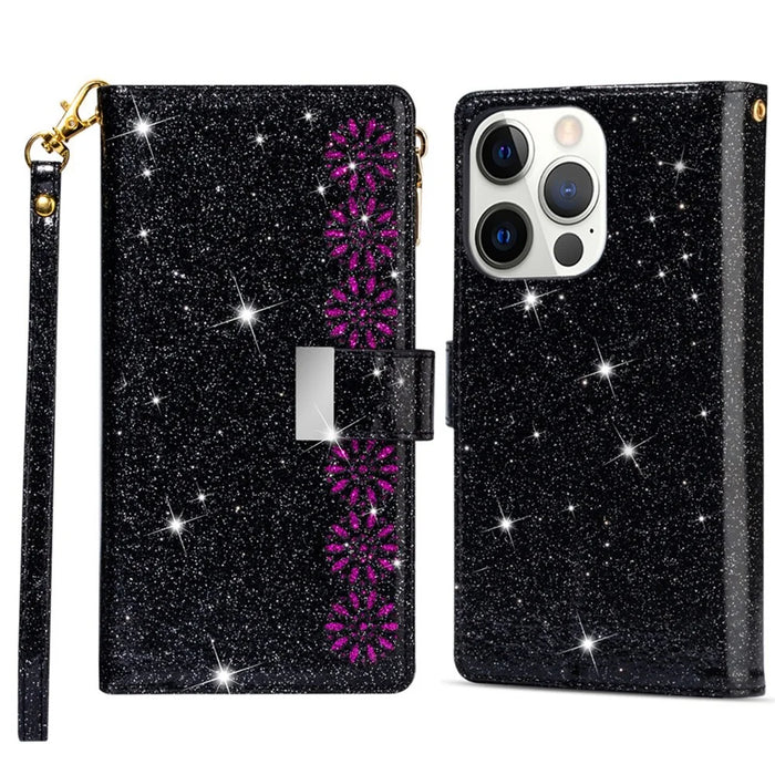 For iPhone 15 Pro Max Zipper Wallet Phone Cover PU Leather Glittery Laser Carving Phone Stand Case - Black - 1